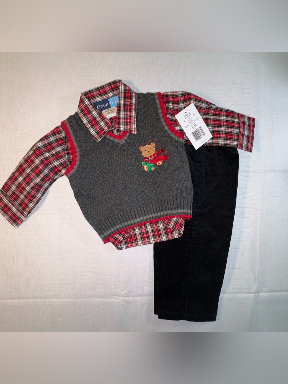 NWT Great Guy 3-Piece Christmas Outfit: Shirt, Pants, Sweater Vest w Bear